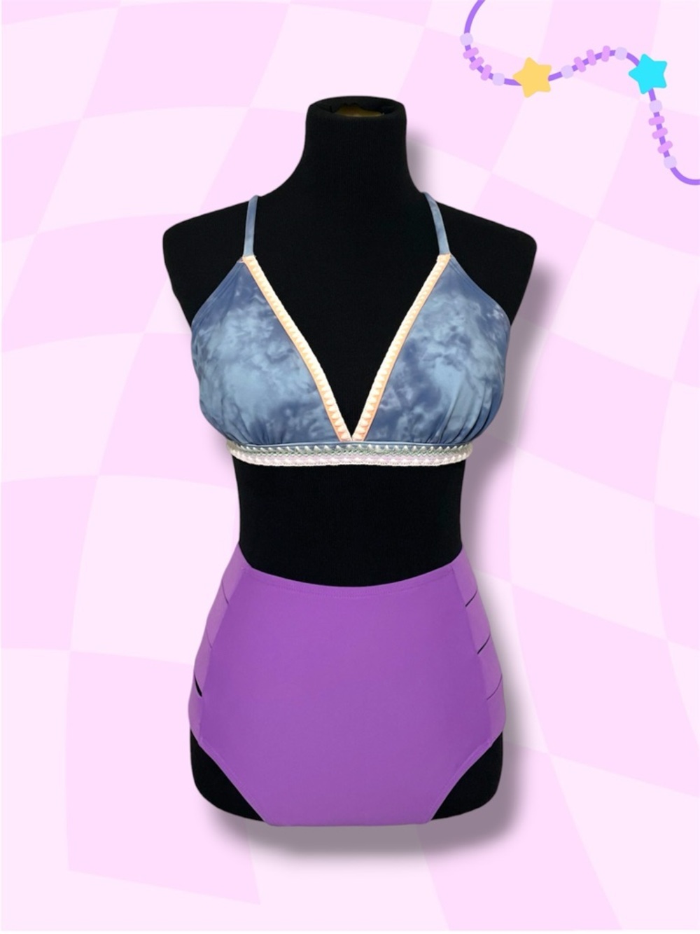 Tie-Dye Blue Triangle Bikini Top with Lavender High-Waist Bottoms